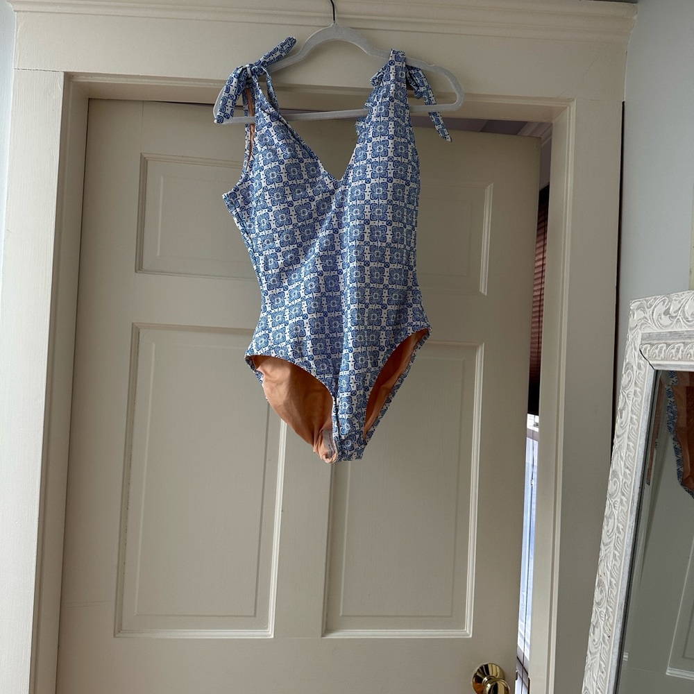 J. Crew blue and white Tie-shoulder swimsuit